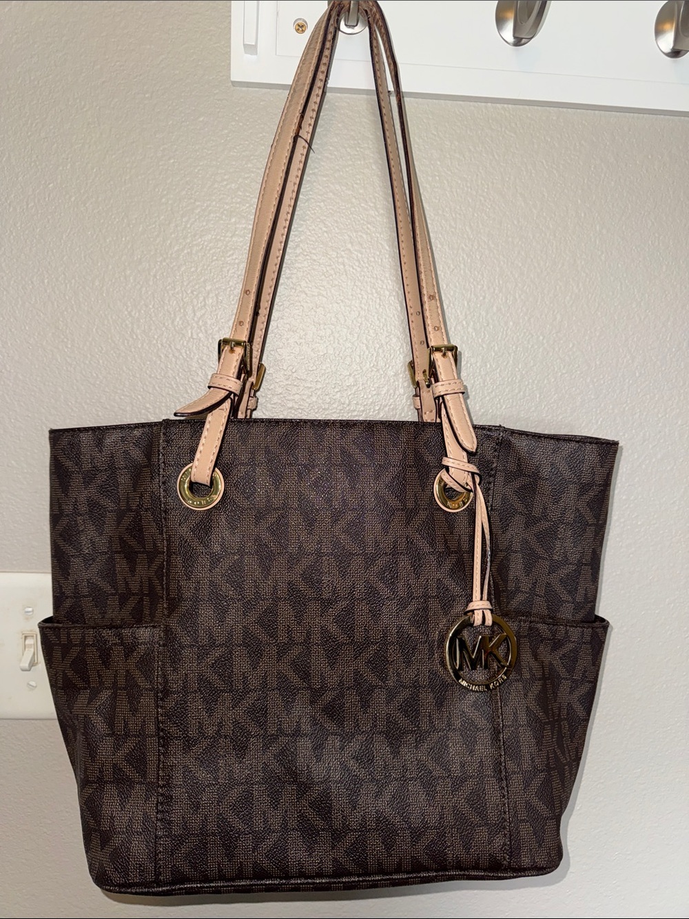 Michael Kors Brown MK Logo Tote with Beige Straps